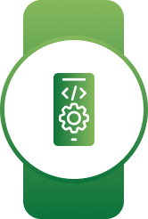 White circular badge on a green banner with a green mobile phone showing code brackets and a gear symbol