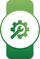 White circular badge on a green banner with a green gear and wrench symbol