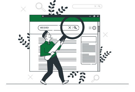 Illustration of a person using a magnifying glass to search a webpage labeled "Web Search"