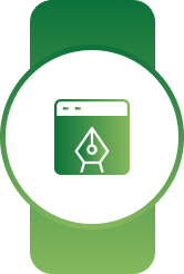 White circular badge on a green banner with a green browser window and cursor symbol