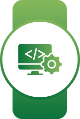 White circular badge on a green banner with a green monitor showing code brackets and a gear symbol