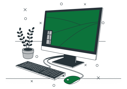 Line-art illustration of a desktop computer workstation with a keyboard and potted plant