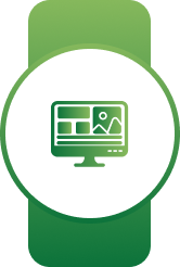 White circular badge on a green banner with a green monitor displaying an image layout symbol