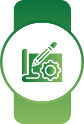 White circular badge on a green banner with a green blueprint, pencil, and gear symbol
