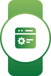White circular badge on a green banner with a green browser window and gear symbol