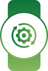 White circular badge on a green banner with a green gear and refresh arrows symbol