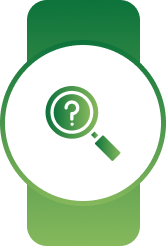 White circular badge on a green banner with a green magnifying glass and question mark symbol
