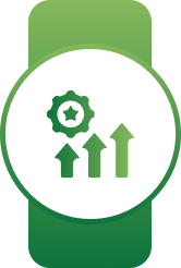 White circular badge on a green banner with a green star badge and growth bars symbol