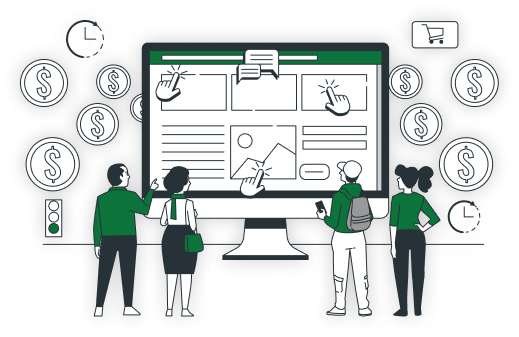 Illustration of two people viewing a website dashboard with charts and images on a large monitor