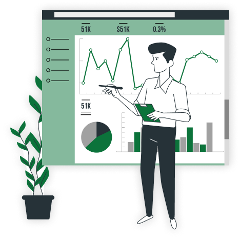 Illustration of a businessman presenting charts and a pie graph on a presentation board