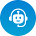 Blue circular icon with a robot headset support symbol