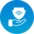 Blue circular icon with a wireless signal and mobile phone symbol