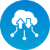 Blue circular icon with a cloud and upload arrows symbol