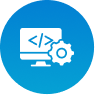 Blue circular icon with a monitor and code gear symbol