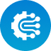 Blue circular icon with a sparkle and connection symbol