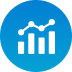 Blue circular icon with a bar chart and upward trend symbol
