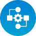 Blue circular icon with connected nodes and squares symbol