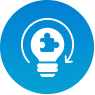 Blue square icon with a gear and sparkle symbol