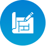 Blue circular icon with a document and pen symbol