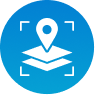Blue circular icon with a location pin and scan frame symbol