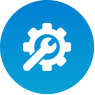 Blue circular icon with a wrench and gear symbol