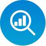 Blue circular icon with a magnifying glass and bar chart symbol