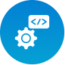 Blue circular icon with a code and gear symbol