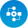 Blue circular icon with connected hierarchy nodes and gear symbol