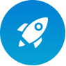 Blue circular icon with a rocket symbol