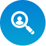 Blue circular icon with a user profile and magnifying glass symbol