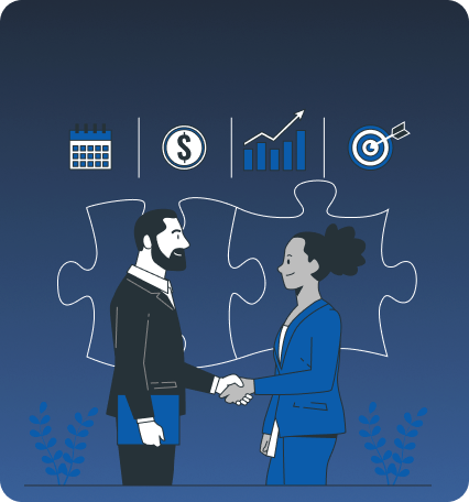 Illustration of a businessman and businesswoman shaking hands over a puzzle piece background with calendar, dollar, growth chart, and target icons