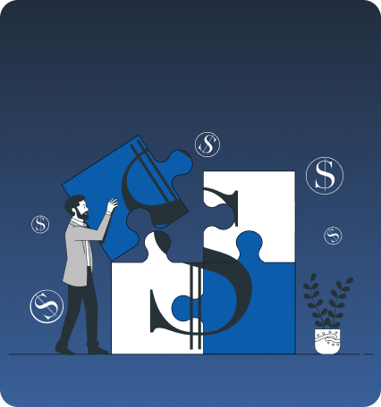 Illustration of a man standing beside giant jigsaw puzzle pieces with a dollar sign symbol on a dark blue background