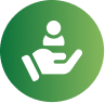 Green circular icon with a person being supported by helping hands symbol