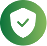 Green circular icon with a shield and checkmark symbol