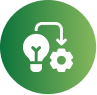 Green circular icon with a lightbulb and gear symbol