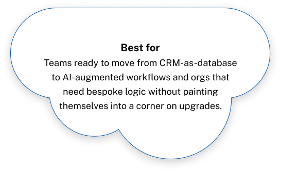 Speech bubble graphic with the heading Best for and text describing teams ready to move from CRM-as-database to AI-augmented workflows