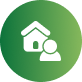Green circular icon with a white house and speech bubble symbol