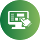 Green circular icon with a white document and pointing hand symbol