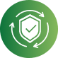 Green circular icon with a white shield and refresh arrows symbol