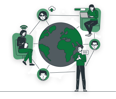 Illustration of a global remote team connected around a world globe with icons for cloud, wifi, and messaging