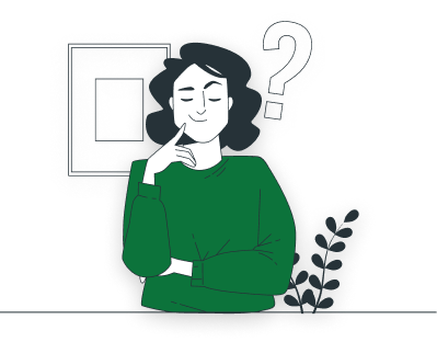 Illustration of a woman thinking with a question mark above her head beside a framed picture and a plant