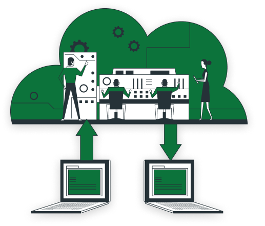 Illustration of a green cloud computing system with two technicians at a server console uploading and downloading data from laptops