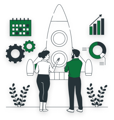 Illustration of two people launching a rocket surrounded by gears, a calendar, and growth charts