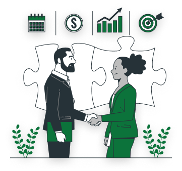 Illustration of two business people shaking hands joining puzzle pieces, with icons for calendar, money, growth, and a target