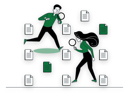 Illustration of two people searching through scattered documents with magnifying glasses