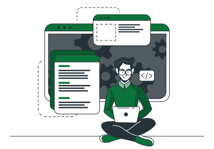 Illustration of a developer sitting cross-legged with a laptop surrounded by code windows and gears
