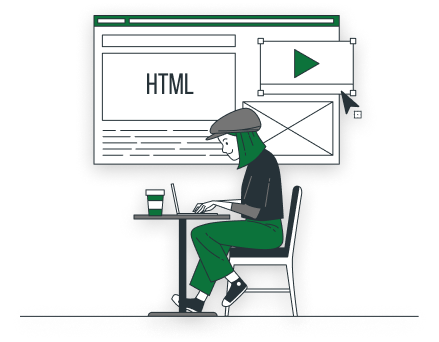 Illustration of a web developer working on a laptop with HTML code and website mockups displayed behind them