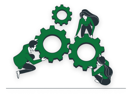 Illustration of people assembling large interlocking gears together representing teamwork