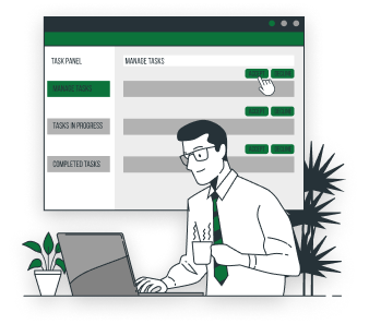 Illustration of a man working on a laptop beside a task management panel window