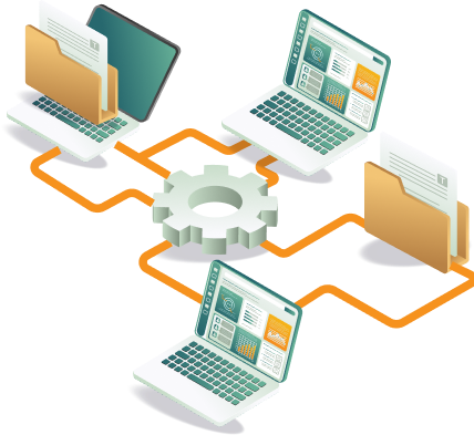 Isometric illustration of laptops, folders, and documents connected to a central gear representing workflow automation